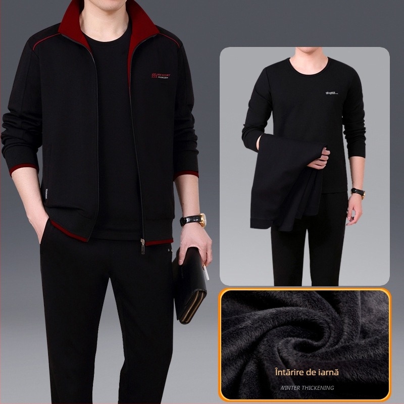 Set sport unisex pentru iarnă, material din bumbac, guler polo, căptușeală din fleece gros