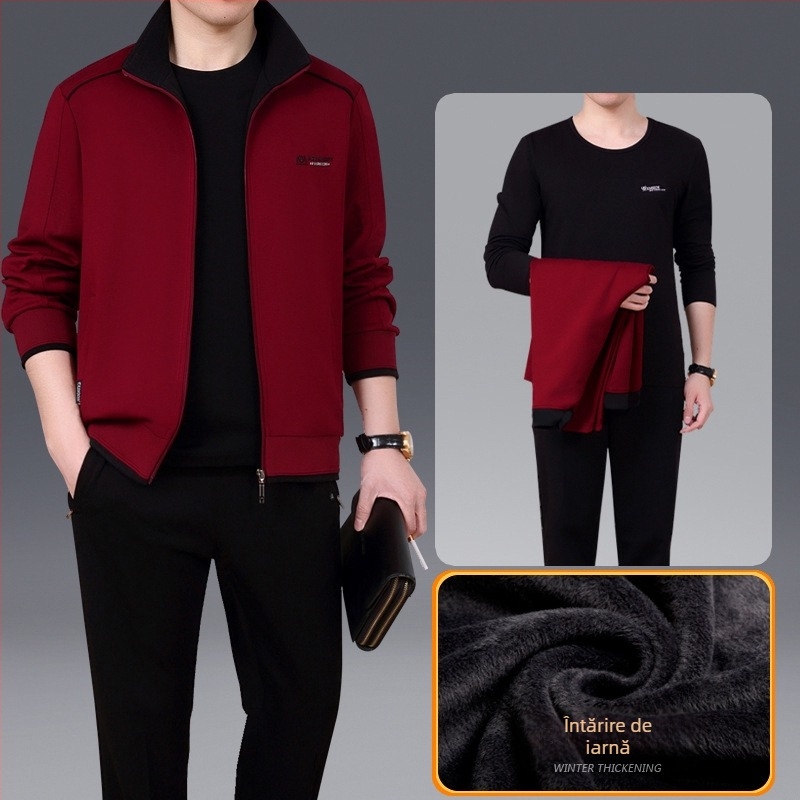 Set sport unisex pentru iarnă, material din bumbac, guler polo, căptușeală din fleece gros