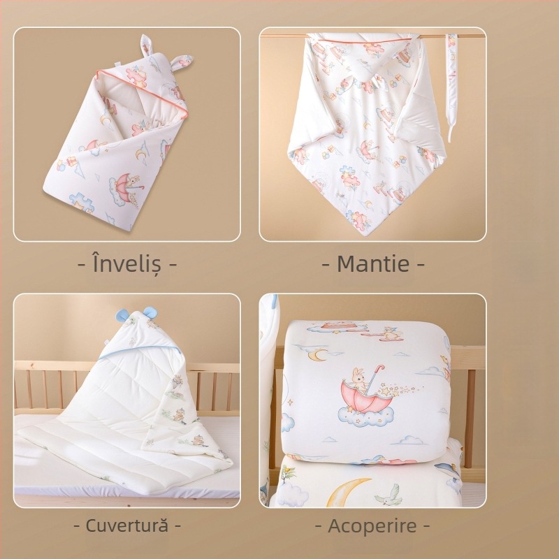 Pătură pentru bebeluși cu bonetă de somn, bumbac 100%, umplutură din bumbac, sub 0,5 kg, pentru nou-născuți, primăvară-toamnă