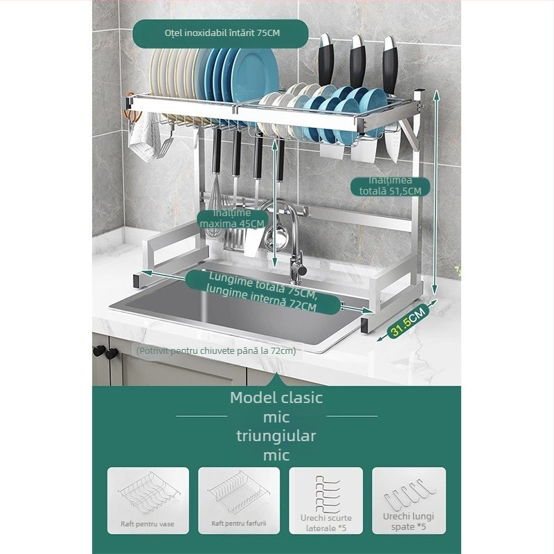 Raft de bucătărie din oțel inoxidabil, raft cu mai multe niveluri pentru chiuvetă și uscarea vaselor, suport pentru cuțite, depozitare multifuncțională