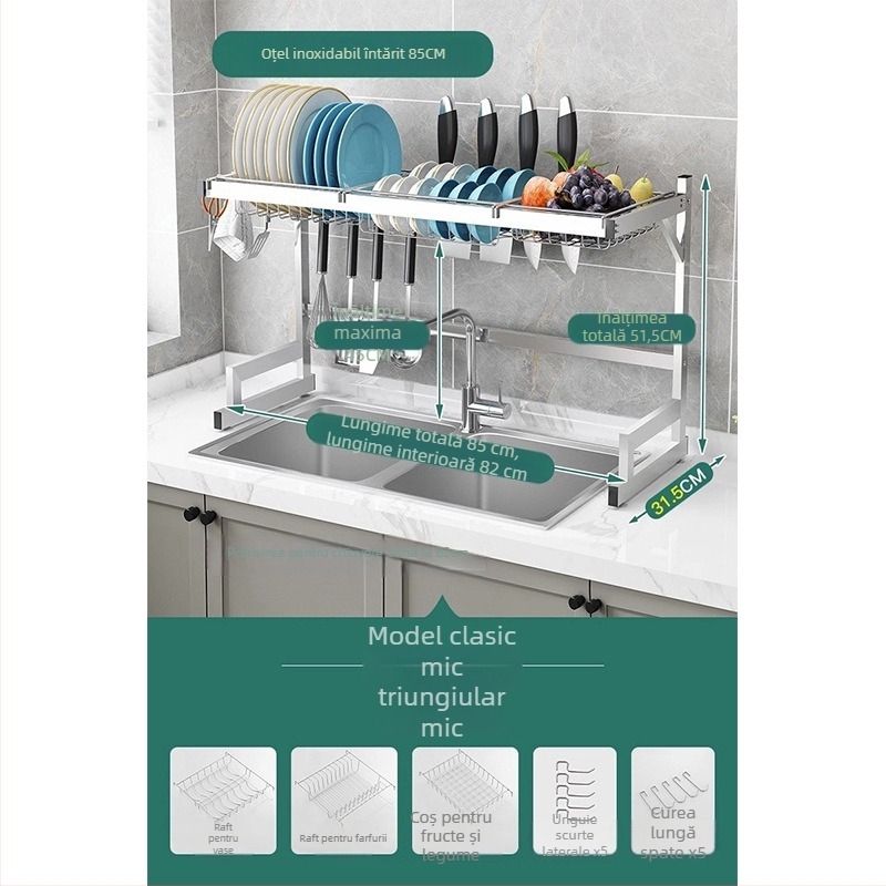 Raft de bucătărie din oțel inoxidabil, raft cu mai multe niveluri pentru chiuvetă și uscarea vaselor, suport pentru cuțite, depozitare multifuncțională