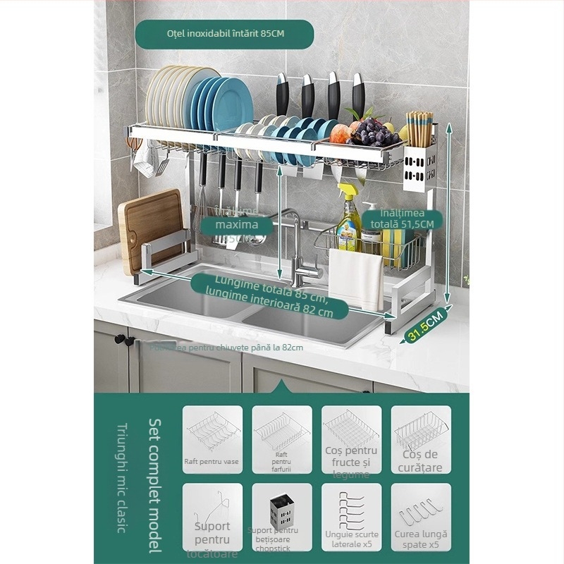 Raft de bucătărie din oțel inoxidabil, raft cu mai multe niveluri pentru chiuvetă și uscarea vaselor, suport pentru cuțite, depozitare multifuncțională
