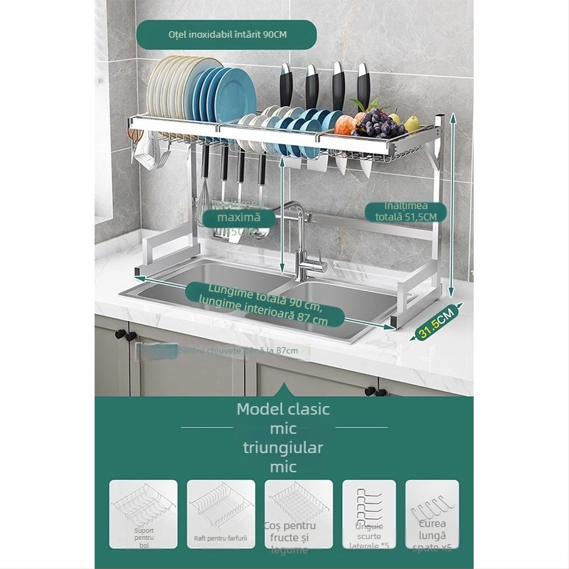 Raft de bucătărie din oțel inoxidabil, raft cu mai multe niveluri pentru chiuvetă și uscarea vaselor, suport pentru cuțite, depozitare multifuncțională