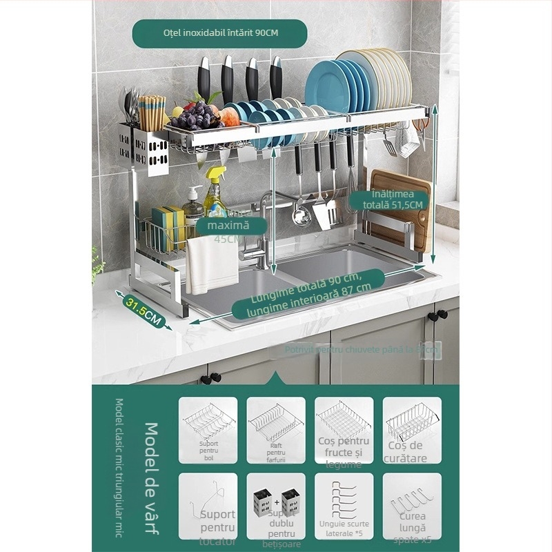 Raft de bucătărie din oțel inoxidabil, raft cu mai multe niveluri pentru chiuvetă și uscarea vaselor, suport pentru cuțite, depozitare multifuncțională