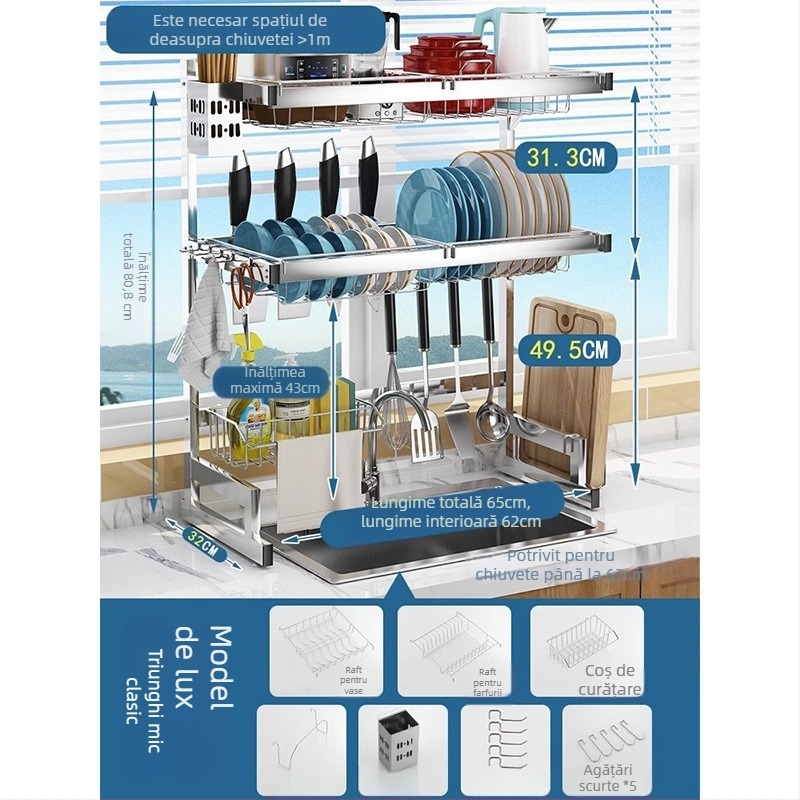Raft de bucătărie din oțel inoxidabil, raft cu mai multe niveluri pentru chiuvetă și uscarea vaselor, suport pentru cuțite, depozitare multifuncțională