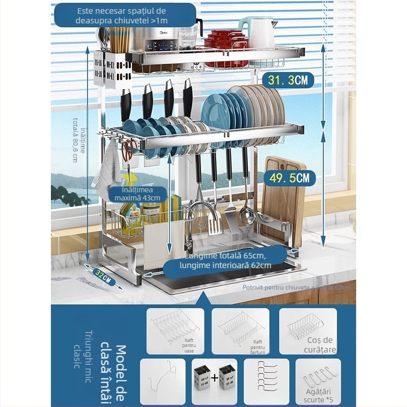 Raft de bucătărie din oțel inoxidabil, raft cu mai multe niveluri pentru chiuvetă și uscarea vaselor, suport pentru cuțite, depozitare multifuncțională