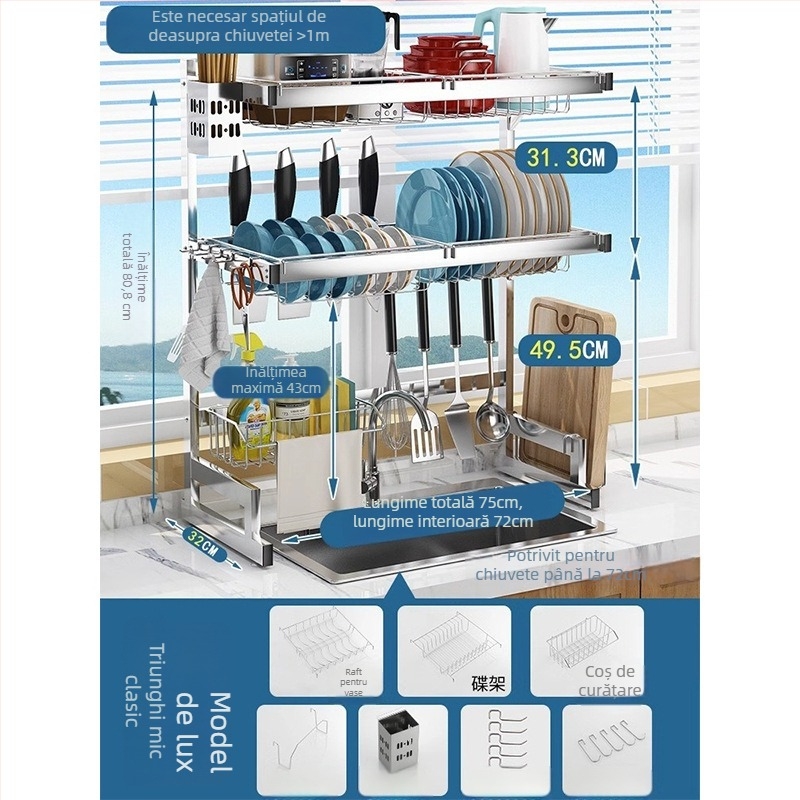 Raft de bucătărie din oțel inoxidabil, raft cu mai multe niveluri pentru chiuvetă și uscarea vaselor, suport pentru cuțite, depozitare multifuncțională