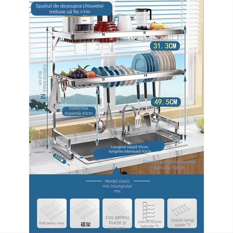 Raft de bucătărie din oțel inoxidabil, raft cu mai multe niveluri pentru chiuvetă și uscarea vaselor, suport pentru cuțite, depozitare multifuncțională