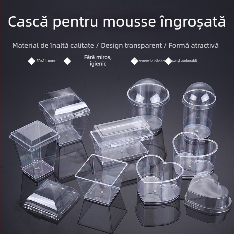 Cupe mousse de unică folosință, design îngroșat, cupă creativă de jeleu pentru deserturi, model 7770, plastic PS, cu capac, pentru ambalarea alimentelor