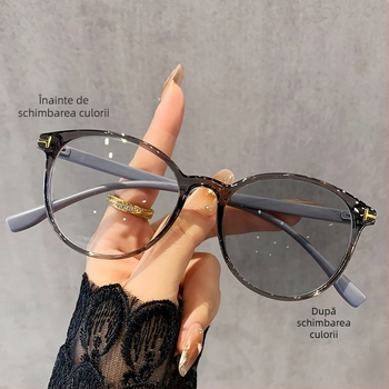 Ochelari de citit cu ramă rotundă, cadru complet, lentile PC, fotochromice și anti-lumină albastră, compatibile cu lentile de prescripție