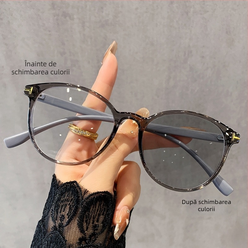 Ochelari de citit cu ramă rotundă, cadru complet, lentile PC, fotochromice și anti-lumină albastră, compatibile cu lentile de prescripție