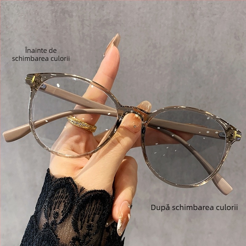 Ochelari de citit cu ramă rotundă, cadru complet, lentile PC, fotochromice și anti-lumină albastră, compatibile cu lentile de prescripție