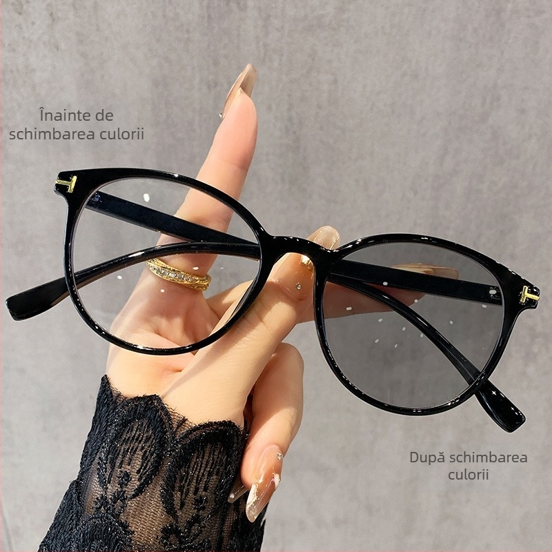 Ochelari de citit cu ramă rotundă, cadru complet, lentile PC, fotochromice și anti-lumină albastră, compatibile cu lentile de prescripție