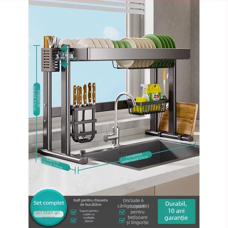 Raft pentru vase deasupra chiuvetei, din oțel carbon, organizator multifuncțional pentru bucătărie