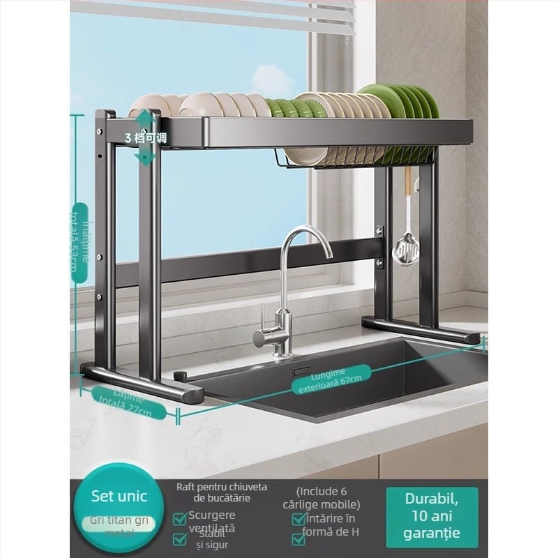 Raft pentru vase deasupra chiuvetei, din oțel carbon, organizator multifuncțional pentru bucătărie