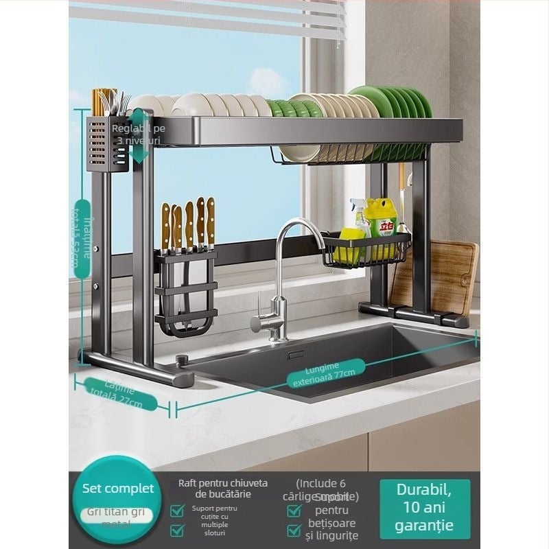 Raft pentru vase deasupra chiuvetei, din oțel carbon, organizator multifuncțional pentru bucătărie