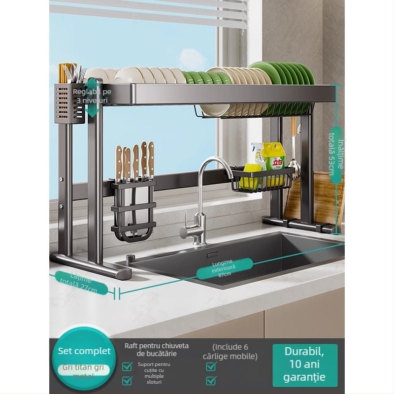 Raft pentru vase deasupra chiuvetei, din oțel carbon, organizator multifuncțional pentru bucătărie