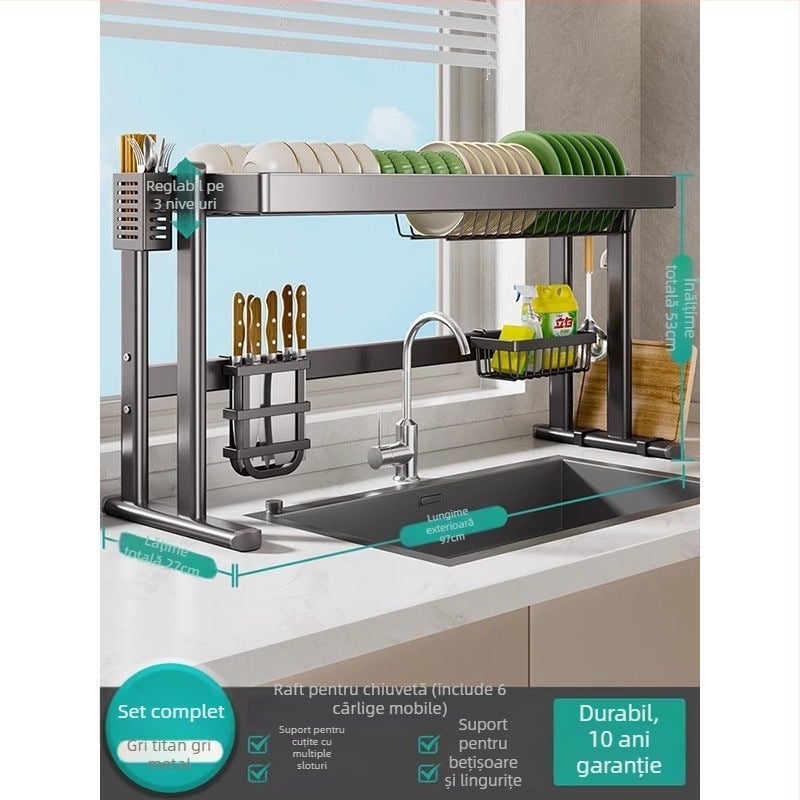 Raft pentru vase deasupra chiuvetei, din oțel carbon, organizator multifuncțional pentru bucătărie