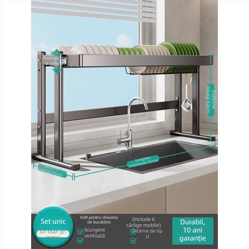 Raft pentru vase deasupra chiuvetei, din oțel carbon, organizator multifuncțional pentru bucătărie