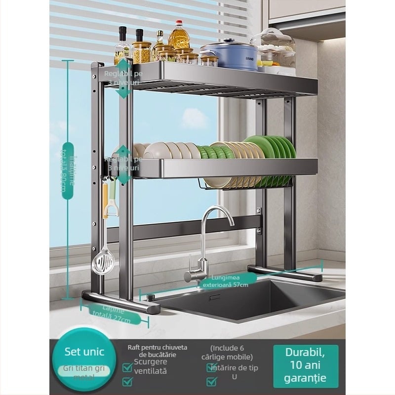 Raft pentru vase deasupra chiuvetei, din oțel carbon, organizator multifuncțional pentru bucătărie