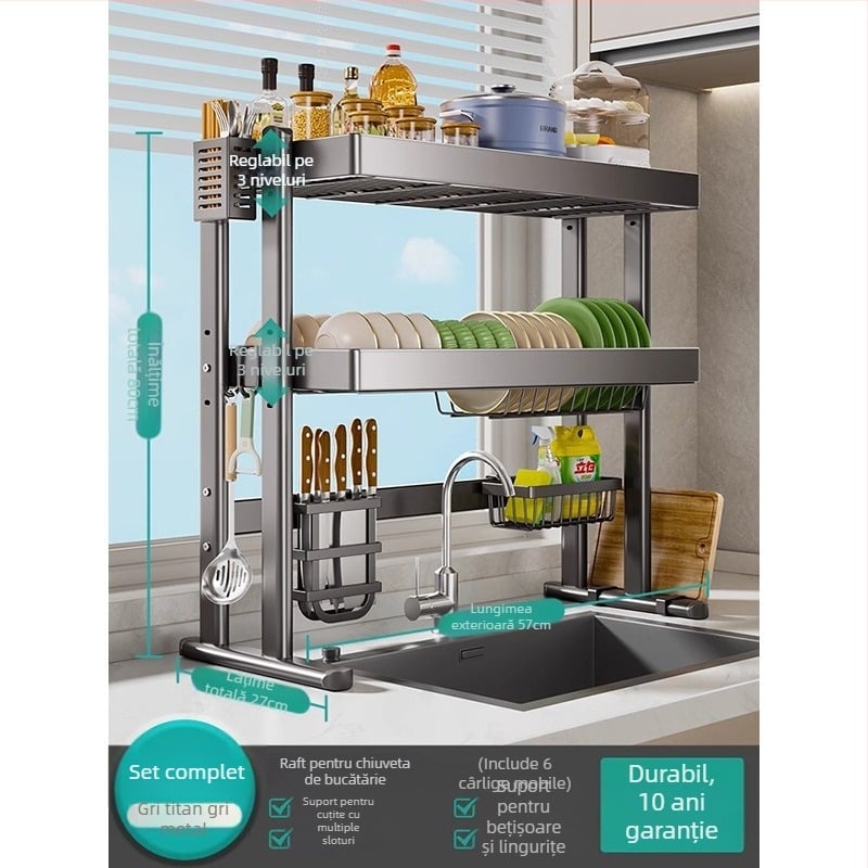 Raft pentru vase deasupra chiuvetei, din oțel carbon, organizator multifuncțional pentru bucătărie