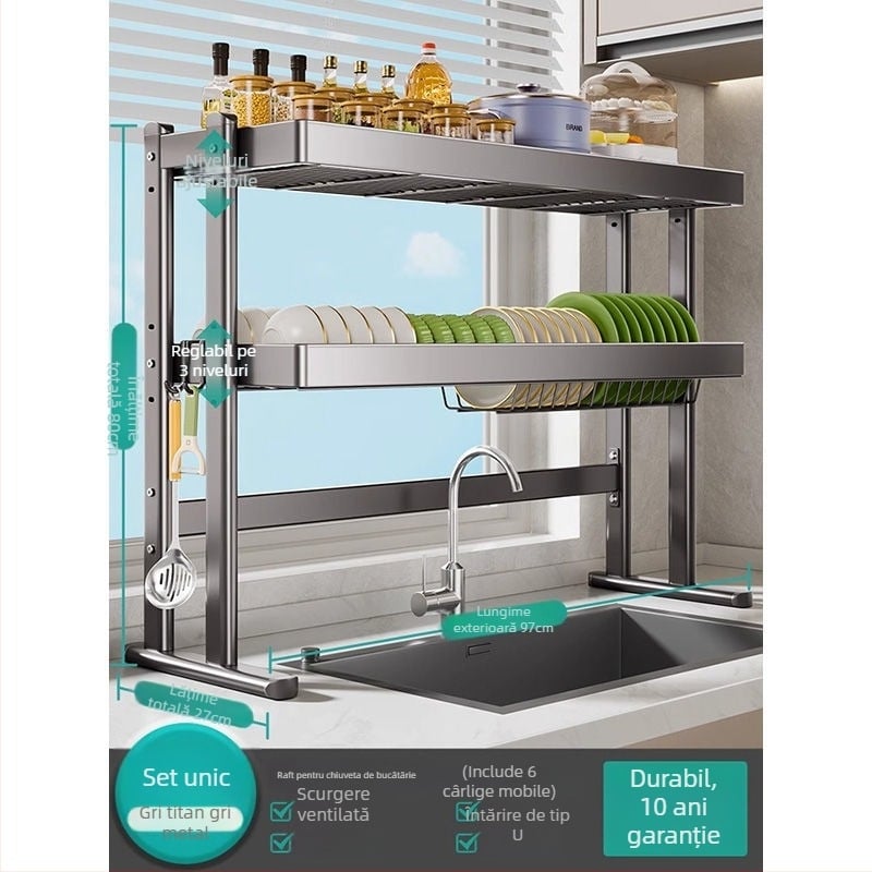 Raft pentru vase deasupra chiuvetei, din oțel carbon, organizator multifuncțional pentru bucătărie