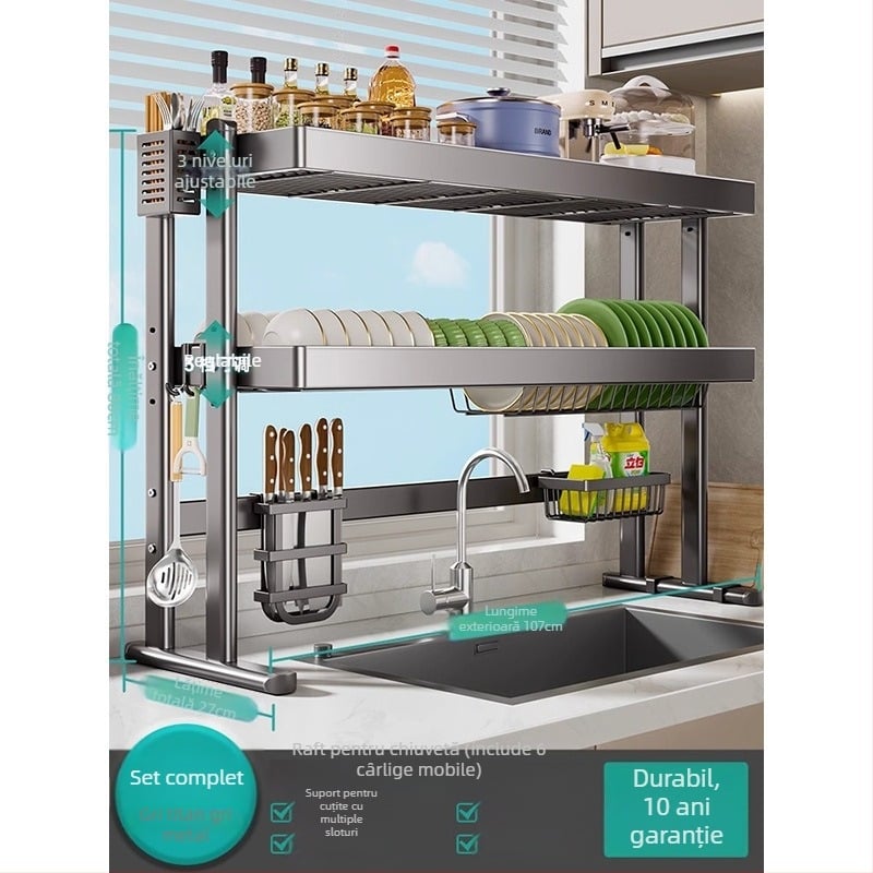Raft pentru vase deasupra chiuvetei, din oțel carbon, organizator multifuncțional pentru bucătărie
