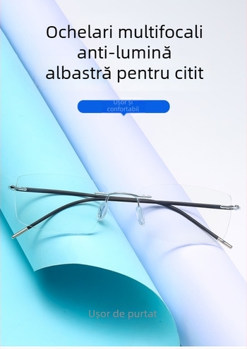 Ochelari de citit (presbiopici) – ramă fără ramă, pătrată, din aliaj, lentile progresive multi-focal cu anti-lumină albastră, lentile PC