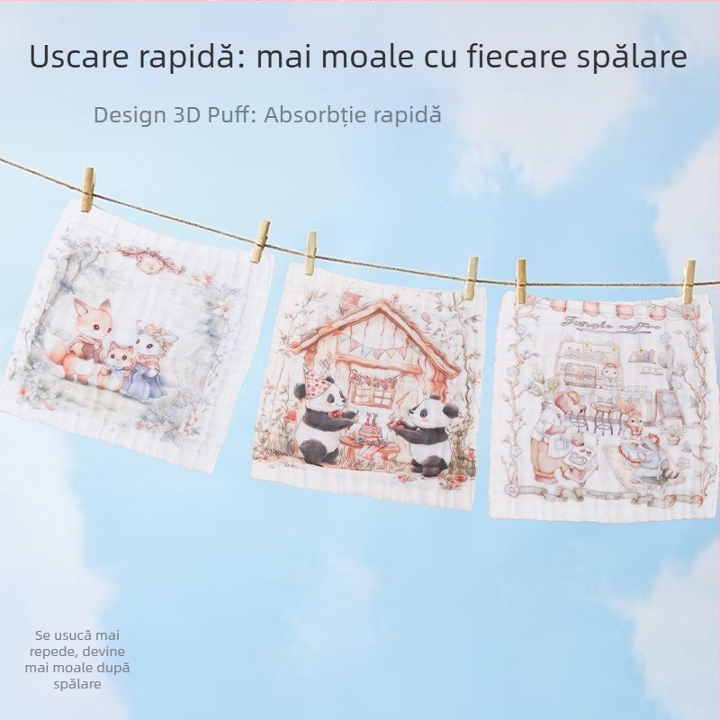 Prosop de bebeluși din tifon de bumbac, pătrat, 40 g, absorbție 0–5 s, fire din bumbac netezit, imprimare logo disponibil