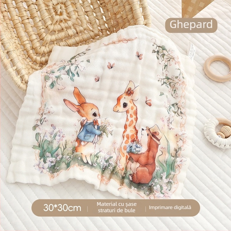 Prosop de bebeluși din tifon de bumbac, pătrat, 40 g, absorbție 0–5 s, fire din bumbac netezit, imprimare logo disponibil