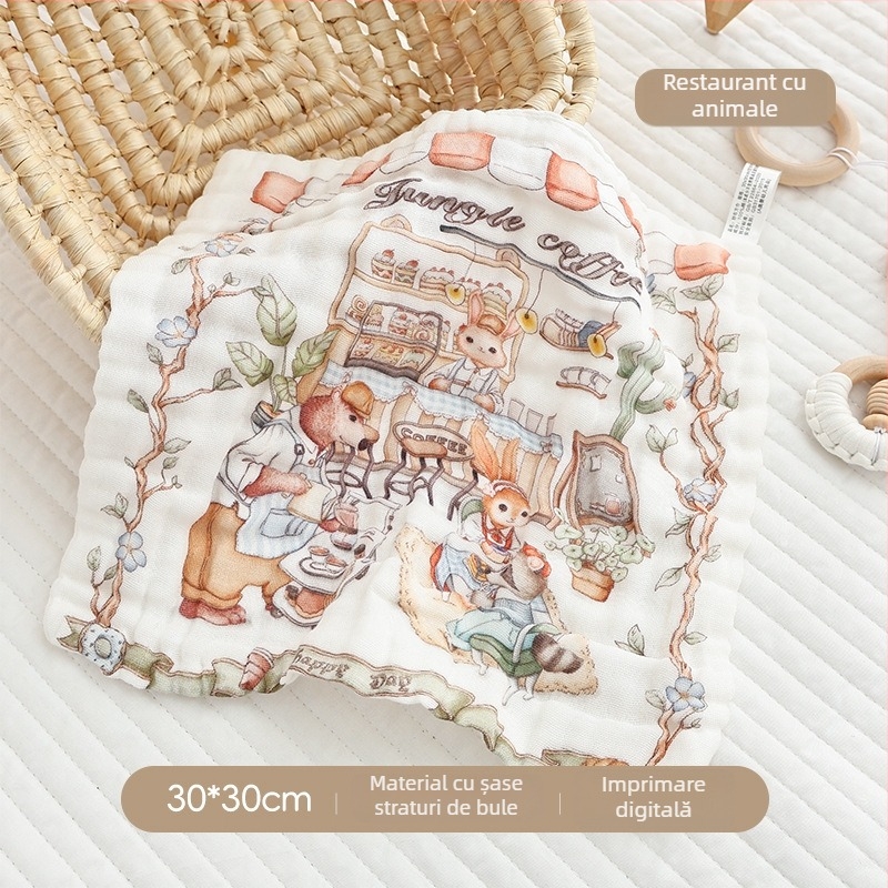 Prosop de bebeluși din tifon de bumbac, pătrat, 40 g, absorbție 0–5 s, fire din bumbac netezit, imprimare logo disponibil