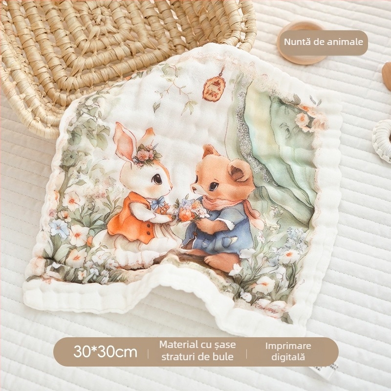 Prosop de bebeluși din tifon de bumbac, pătrat, 40 g, absorbție 0–5 s, fire din bumbac netezit, imprimare logo disponibil