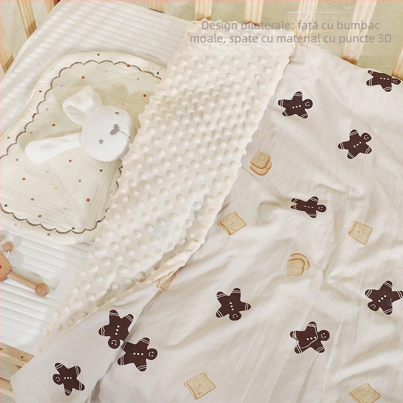 Cuvertură de bebe Mu Mu Bear - 100% bumbac, 300–500 g, dublă față velur cu imprimeu desen animat, pentru toate sezoanele, personalizare disponibilă