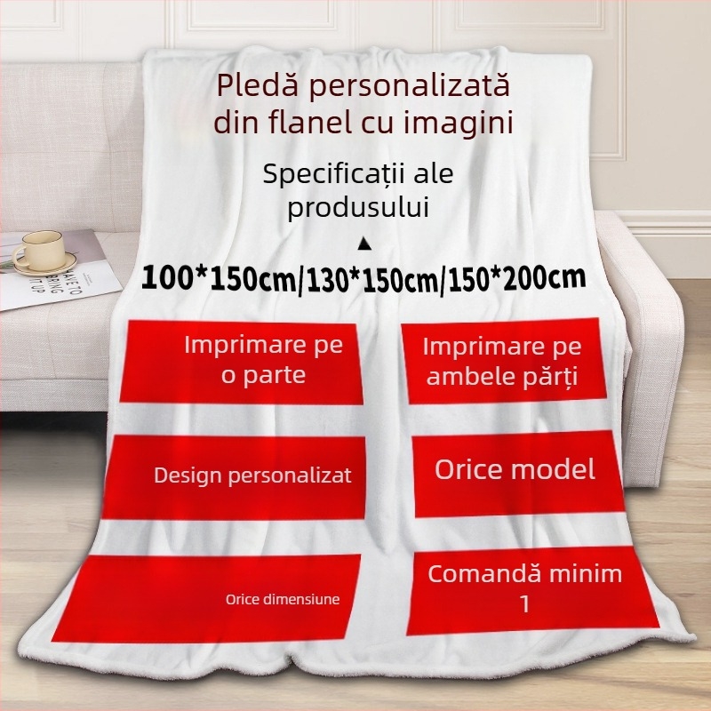 Cuvertură din flanelă cu personalizare, greutate 300–500 g, modele: dungi, fulgi de zăpadă, astronaut.