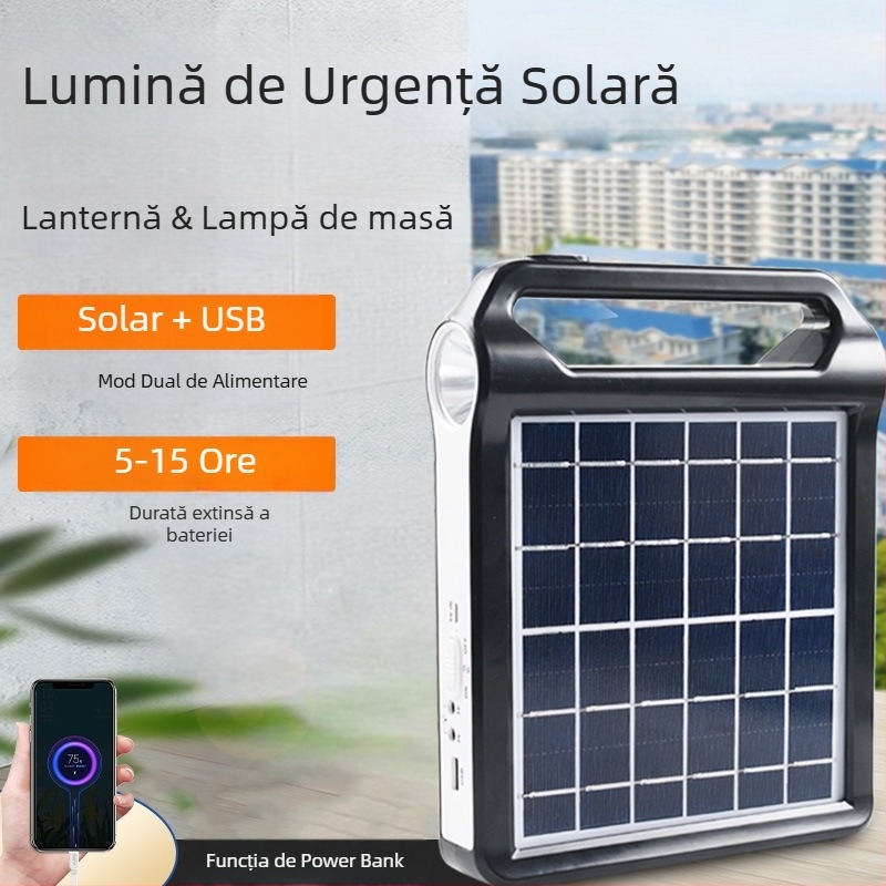 Lampa de urgență alimentată cu energie solară, cu dublă utilizare — lanternă și lampă de camping, corp din aluminiu, LED, modelul 038, Jiuyang