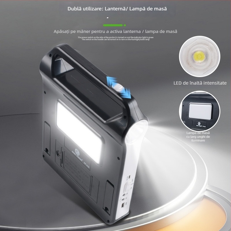 Lampa de urgență alimentată cu energie solară, cu dublă utilizare — lanternă și lampă de camping, corp din aluminiu, LED, modelul 038, Jiuyang