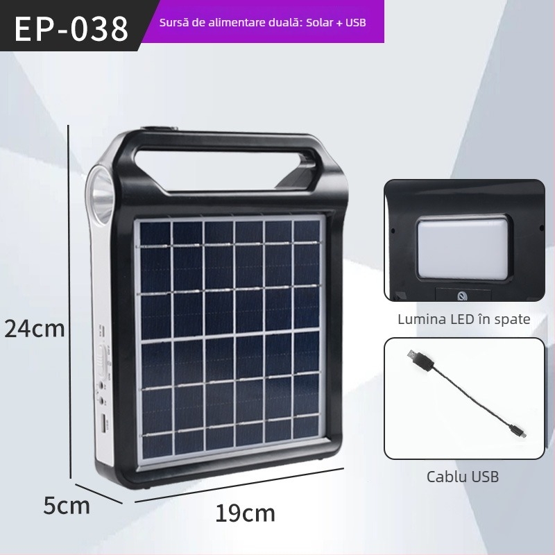 Lampa de urgență alimentată cu energie solară, cu dublă utilizare — lanternă și lampă de camping, corp din aluminiu, LED, modelul 038, Jiuyang