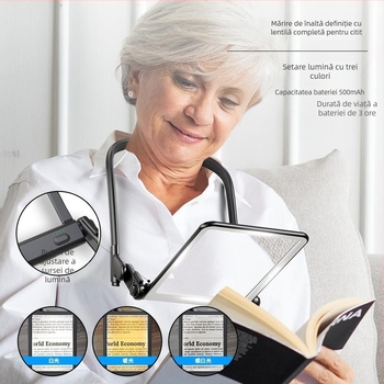 Lentilă de mărire 5x cu iluminare - portabilă în mână, pe masă sau la gât - lampă de citit pentru persoane în vârstă; CRI 80–89, baterie Li-ion încorporată, LED 1-10W