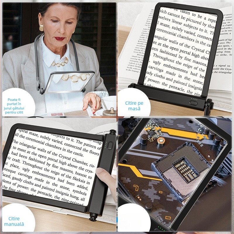 Lentilă de mărire 5x cu iluminare - portabilă în mână, pe masă sau la gât - lampă de citit pentru persoane în vârstă; CRI 80–89, baterie Li-ion încorporată, LED 1-10W