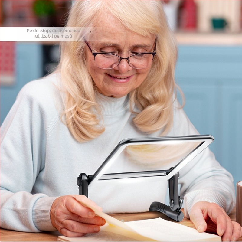 Lentilă de mărire 5x cu iluminare - portabilă în mână, pe masă sau la gât - lampă de citit pentru persoane în vârstă; CRI 80–89, baterie Li-ion încorporată, LED 1-10W