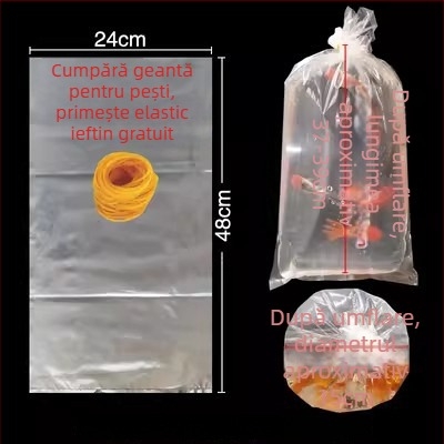 Pungă de ambalare pentru pești ornamentali vii, destinată transportului, cu bază plată pătrată la patru colțuri și plastic îngroșat