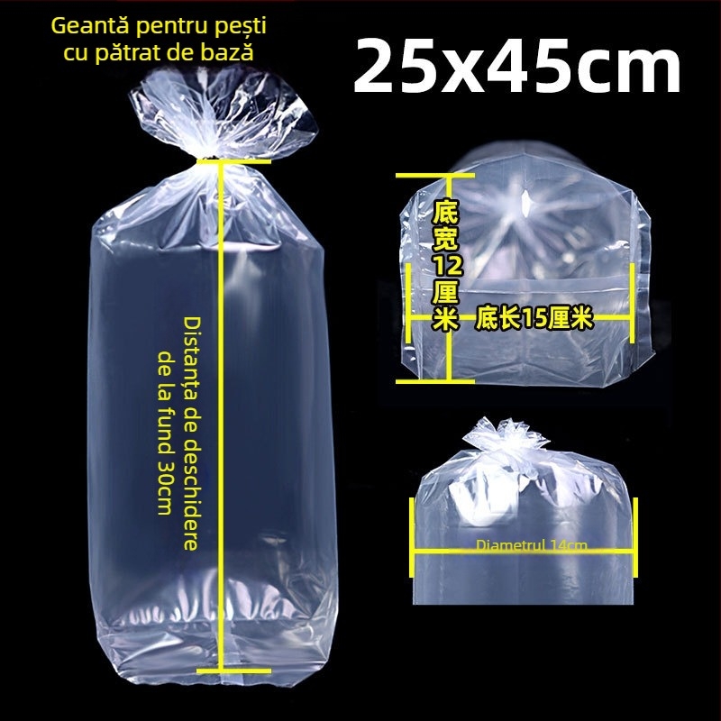 Pungă de ambalare pentru pești ornamentali vii, destinată transportului, cu bază plată pătrată la patru colțuri și plastic îngroșat