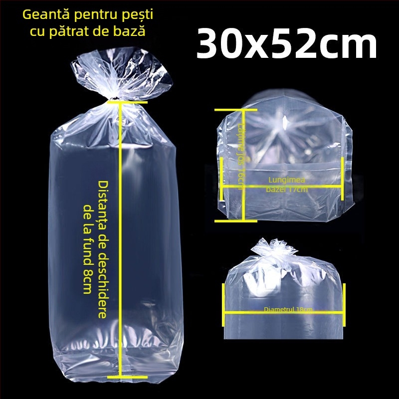 Pungă de ambalare pentru pești ornamentali vii, destinată transportului, cu bază plată pătrată la patru colțuri și plastic îngroșat