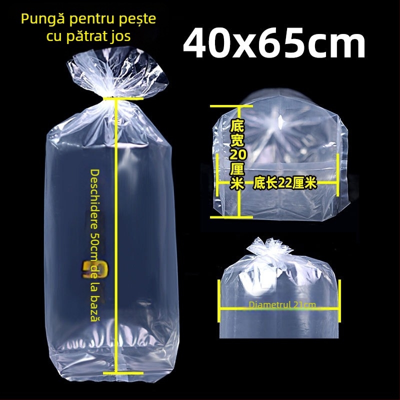 Pungă de ambalare pentru pești ornamentali vii, destinată transportului, cu bază plată pătrată la patru colțuri și plastic îngroșat