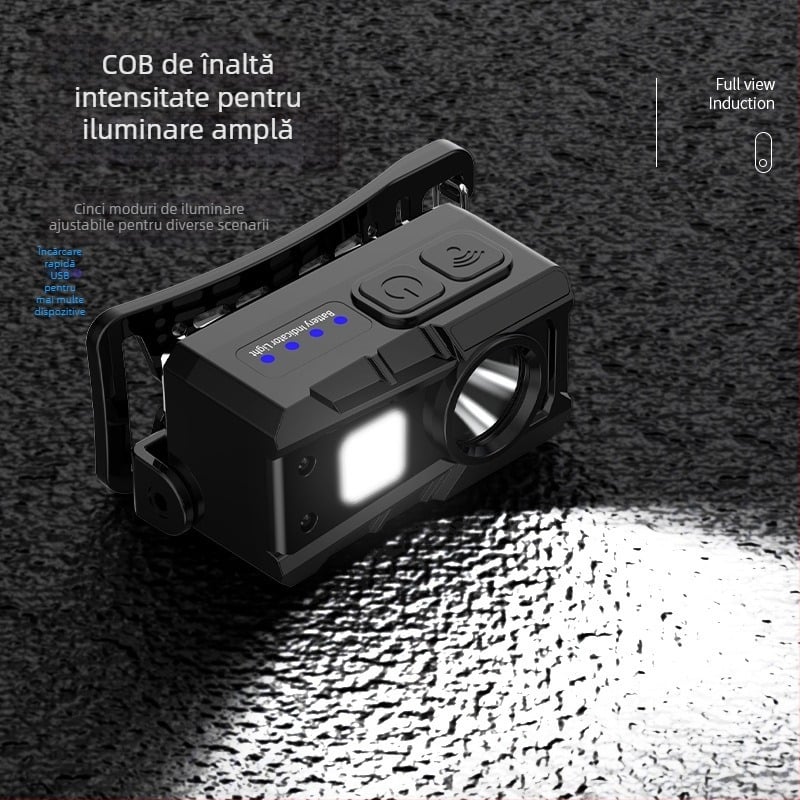 Frontala cu senzor LED 5W, baterie încorporată de 800 mAh, reîncărcabilă, rază de până la 100–200 m
