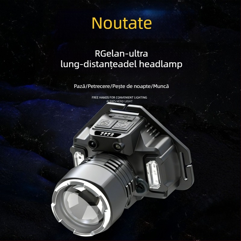 Lampă frontală LED, 5W, baterie încorporată reîncărcabilă de 3000mAh, încărcător inclus, rază fascicul 100–200 m