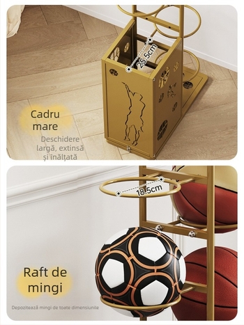 Raft metal pentru echipamente sportive, spațiu pentru mingi de baschet și rachete