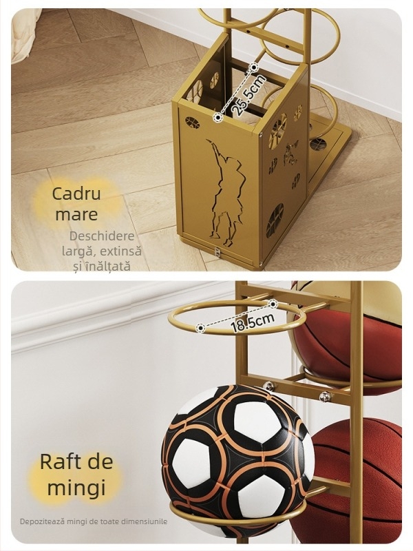 Raft metal pentru echipamente sportive, spațiu pentru mingi de baschet și rachete