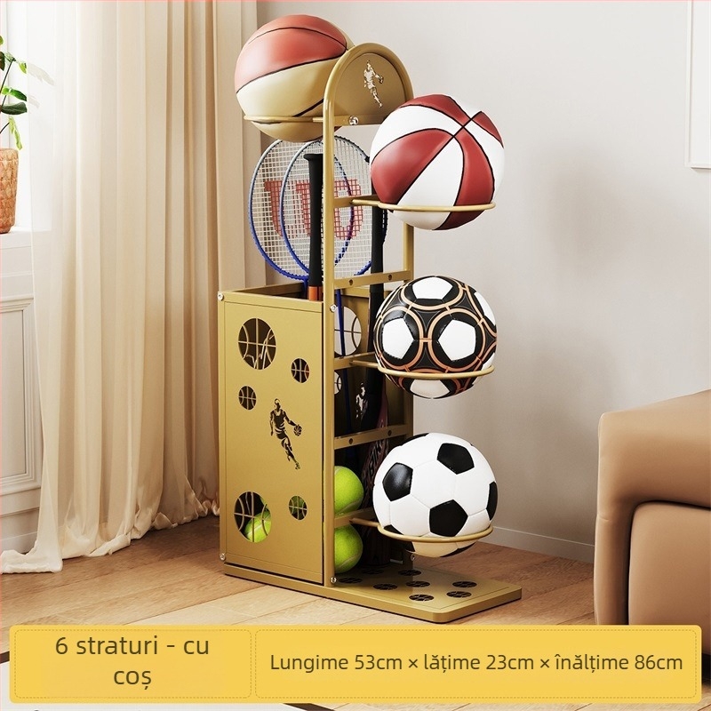 Raft metal pentru echipamente sportive, spațiu pentru mingi de baschet și rachete