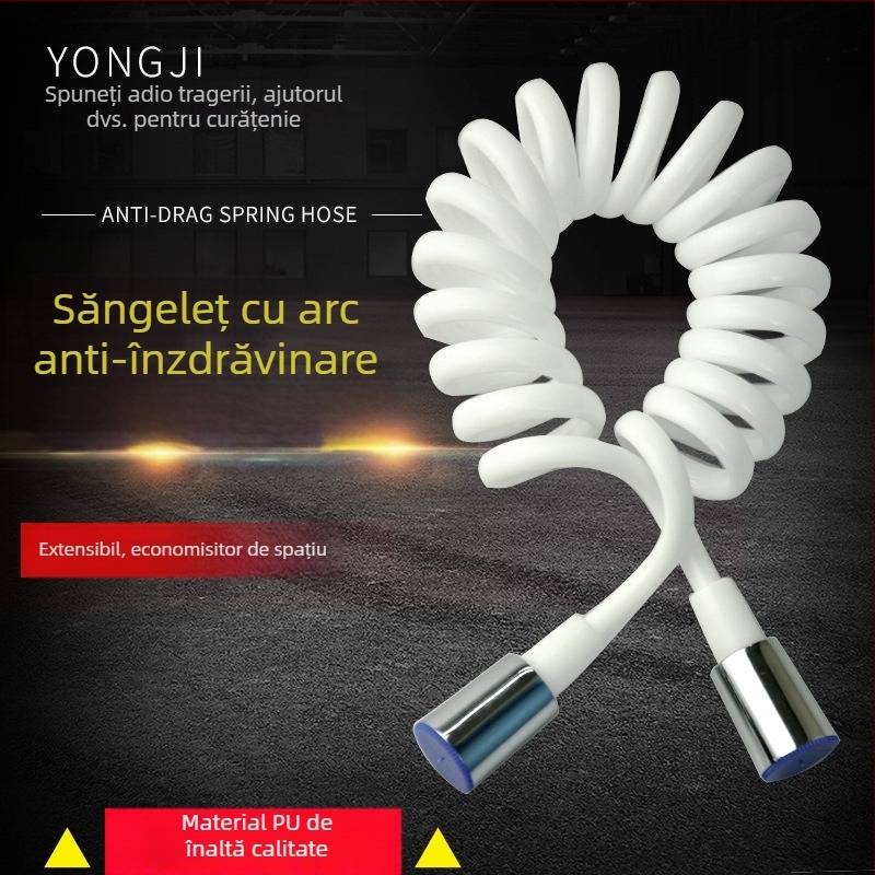 Furtun de duș din PU cu cap de cupru și arc, conectare la robinet, anti-încurcare, design telescopic, modelul 3225, potrivit pentru toaletă, bucătărie și duș